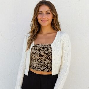 Brandy Melville Bundle of 2, White Cable Knit Cardigan‎ and Cheetah Tube Top